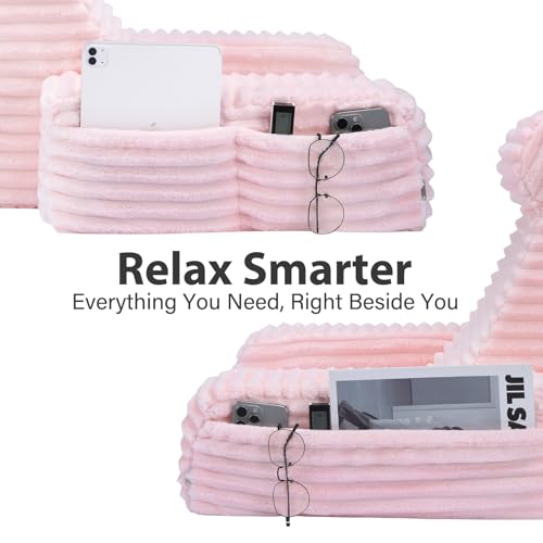 22" XL Back Pillow for Bed Sitting Up with Armrests & Big Pockets (Pink / XL(5'3"-5'11"))