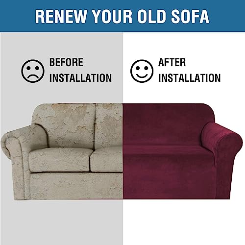 Stretch Velvet Sofa Covers for 3 Cushion Couch Covers Sofa Slipcovers Furniture Protector Soft with Non Slip Elastic Bottom (Wine/Burgundy / Sofa)