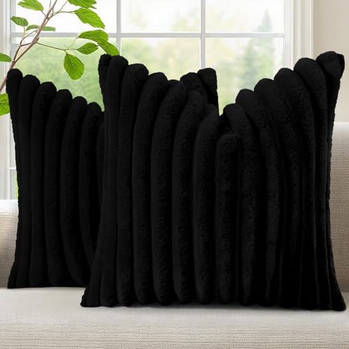 Fall Faux Fur Throw Pillow Covers 20x20 Set of 2 Black (Black / 20" x 20" (Pack of 2))