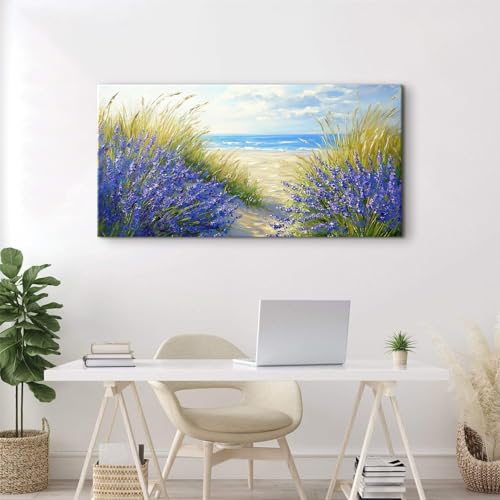 Farmhouse Lavender Wall Art Beach Wall Decor Purple Floral Landscape Pictures Vintage Wildflower Canvas Prints Painting Modern Seascape Artwork for Kitchen Living Room Home Decoration 24x48” (48"L x 24"W / Beach02)