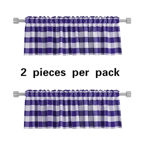 2 Pieces Valences Buffalo Check Kitchen Tier Curtains Classic Plaid Gingham Farmhouse Window Curtain Valance Living Room Bedroom Rod Pocket Purple & White 56"x 16" (56"W x 16"L (Pack of 2) / Dark Purple+white)
