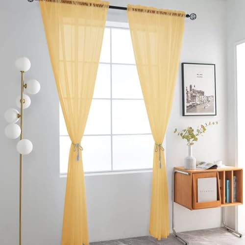 Basic Rod Pocket Sheer Voile Window Curtain Panels Gold 1 Pair 2 Panels 52 Width 84 Inch Long for Kitchen Bedroom Children Living Room Yard（Gold (Gold / 52"W x 84"L (Pack of 2))