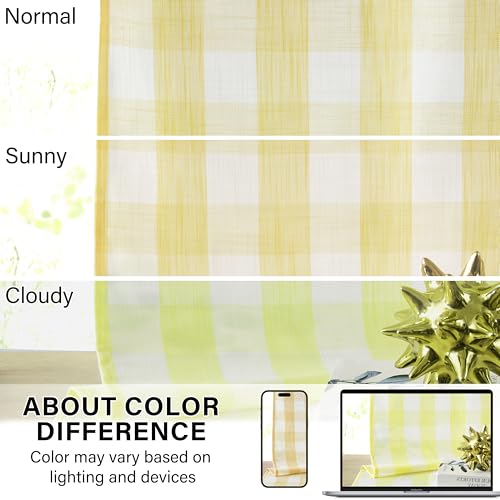 Yellow White Buffalo Check Semi Sheer Curtains 84 Inches Long (Yellow/White / 40"W x 84"L (Pack of 2))