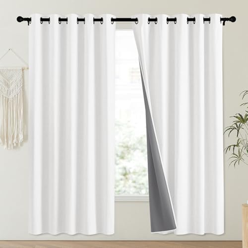 100% Absolutely Blackout Linen Curtains with Thermal Insulated Liner (62"W x 72"L (Pack of 2) / Greyish White)
