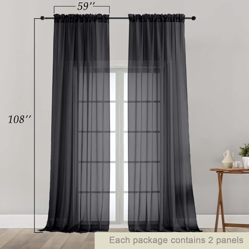 Extra Long Black Sheer Curtains for Bedroom Living Room 108 Inches Long 2 Panels Set (Black / 59"W x 108"L (Pack of 2))