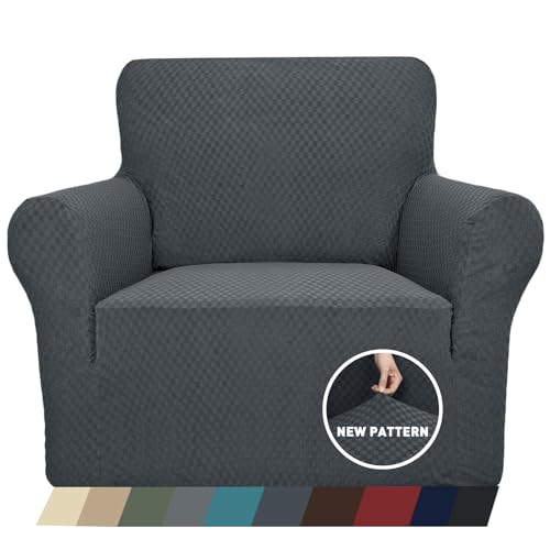 1 Piece Jacquard Chair Slipcovers for Living Room High Stretch Chair Covers with Arms Anti Slip Pets Friendly Couch Sofa Armchair Cover Furniture Protector (Small (31"-46") / Dark Grey)