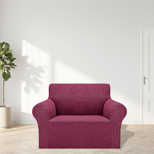 2026 New Stretch Chair Sofa Slipcovers Couch Cover for 1 Seater Furniture Protector Sofa Covers with Elastic Bottom Jacquard Fabric Small Checks for Pets (Wine / Chair)