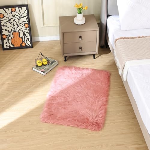 Pink Fluffy Sheepskin Fur Area Rugs for Bedroom Washable Furry Carpet Rug for Living Room Faux Fur Rug 2x3 Nursery (2' x 3' (Rectangular) / Pink)