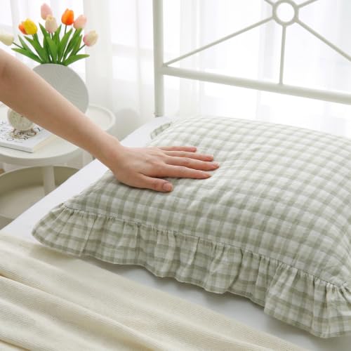 Plaid Ruffle Throw Pillow Shams (24" x 24" (Pack of 2) / Muted Sage Green Gingham)