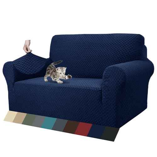 1 Piece Jacquard Couch Covers for 2 Cushion Couch High Stretch Loveseat Slipcover for Pets Dogs Anti Slip Love Seat Sofa Slipcover Furniture Protector (Medium (55"-69") / Navy Blue)