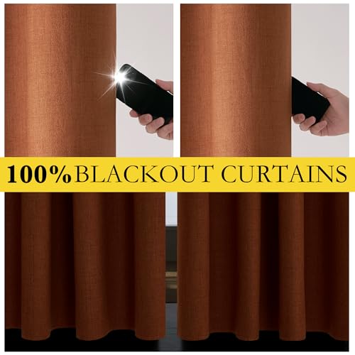 100% Absolutely Blackout Linen Curtains with Thermal Insulated Liner (52"W x 90"L (Pack of 2) / Terracotta)