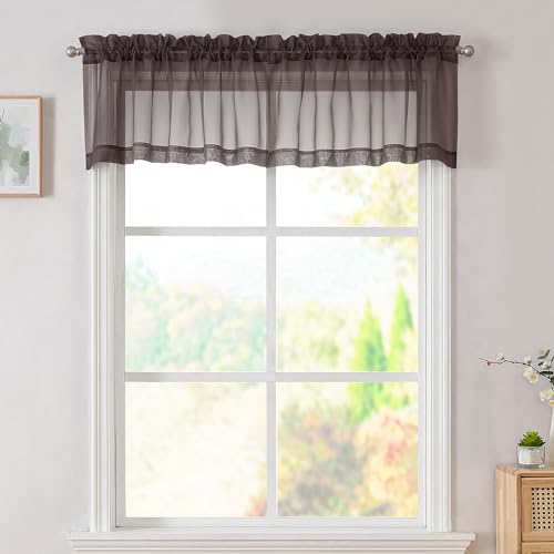 Chocolate Valances 14 Inches Long for Living Room Pocket 2 Panel Light Filtering Sheer Translucent Valence Toppers for Short Window Kitchen Bathroom Bedroom 42x14 Inch Length (Chocolate / 42"W x 14"L (Pack of 2))