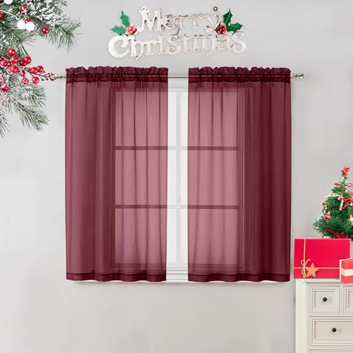 2 Panels Window Burgundy Sheer Curtains 42" x 45" Inches for Small Windows (Burgundy / 42"W x 45"L (Pack of 2))