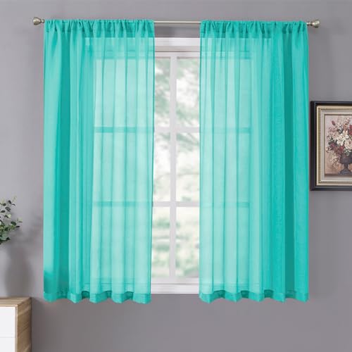 Sheer Curtains Living Room Linen Textured Curtain Sheers Light Filtering Voile Rod Pocket Curtains for Bedroom (38"W x 63"L (Pack of 2) / Aqua Blue)