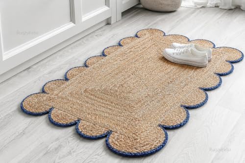 Scalloped Natural Jute Area Rug 8x10 Ft (8'x10' / Navy)
