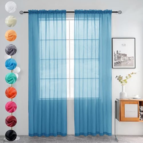 Solid Sheer Rod Pocket Curtain Voile Draperies 2 Panels White Beige Black Grey Ivory 52 Inch Width 72 Inch Long 1 Pair for Kitchen Bedroom Children Living Room Yard (Blue / 52"W x 72"L (Pack of 2))
