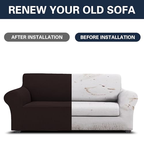 2026 New Stretch Sofa Slipcovers Couch Cover for 3 Cushion Furniture Protector Sofa Covers with Elastic Bottom Jacquard Fabric Small Checks for Pets (Chocolate / Sofa)