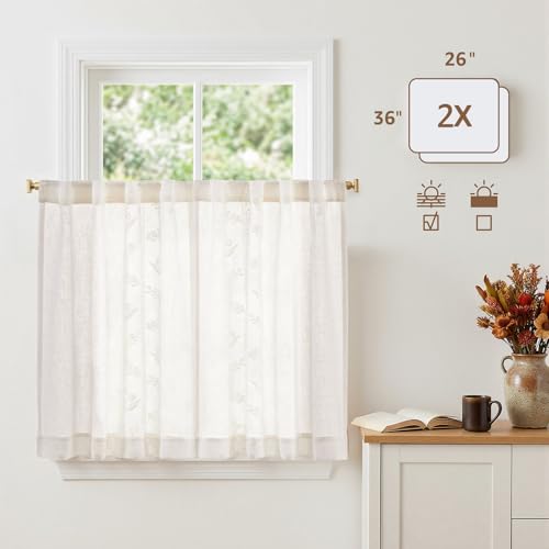 White Floral Linen Kitchen Tier Curtains 36 Inch (A| Off White / 26"W x 36"L (Pack of 2))