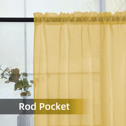Solid Sheer Rod Pocket Curtain Voile Draperies 2 Panels White Beige Black Grey Ivory 52 Inch Width 45 Inch Long 1 Pair for Kitchen Bedroom Children Living Room Yard (Gold / 52"W x 45"L (Pack of 2))