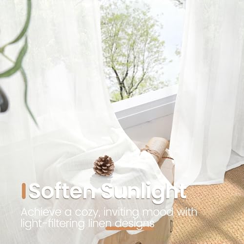 White Linen Curtains 52X96 Inches Long for Living Room 2 Panel (White / 52"W x 96"L (Pack of 2))