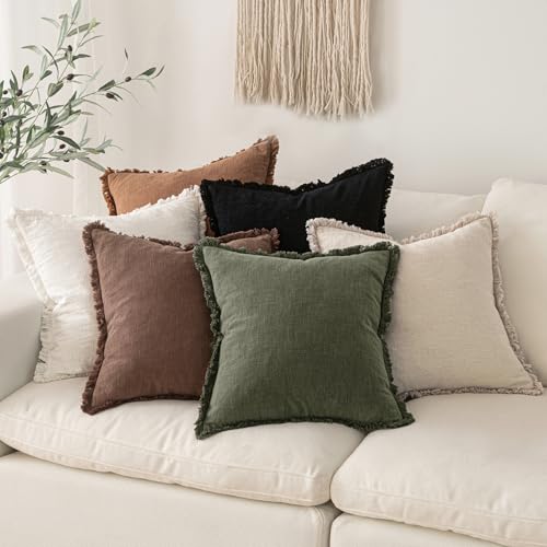 Boho Linen Fringe Decorative Throw Pillow Covers Black 16x16 (16" x 16" (Pack of 2) / Black)