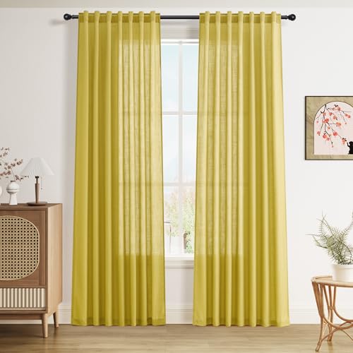 Celery Yellow Linen Curtains 84 Inch Length 2 Panels Set for Living Room Back Tab Light Filtering Semi Sheer Curtain for Bedroom Farmhouse Drapes (52"W x 84"L (Pack of 2) / Celery Yellow)