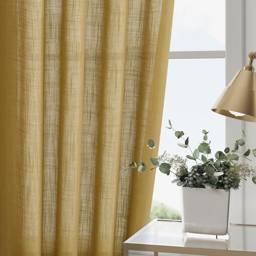 Gold Linen Curtains 63 Inches Long 2 Panel Sets for Living Room Bedroom Rod Pocket Back Tab Light Filtering Drape for Kitchen Window Short Protect Privacy Curtain Modern Farmhouse Decor 52x63 (52"W x 63"L (Pack of 2) / Gold)