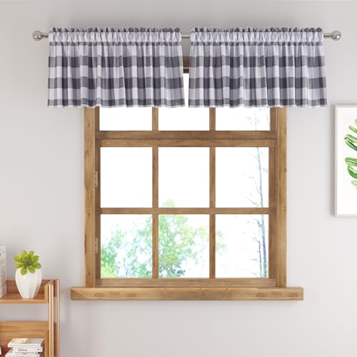 Grey and White Short Curtains For Windows Treatment Buffalo Check Plaid Valances Gingham 2 Pack Tiers Rod Pocket Decor Small Curtains Over Sink For Kitchen (34"W x 10"L (Pack of 2) / Grey and White)