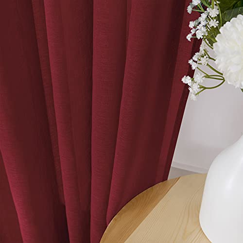 Sheer Curtains Linen Textured Bedroom Curtain Sheers Light Filtering Rod Pocket Voile Curtains for Living Room (54"W x 63"L (Pack of 2) / Burgundy Red)