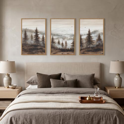 Large Foggy Pine Tree Mountain Framed Canvas Wall Art Set (Foggy Landscape Wall Art / 24"L x 36"W)
