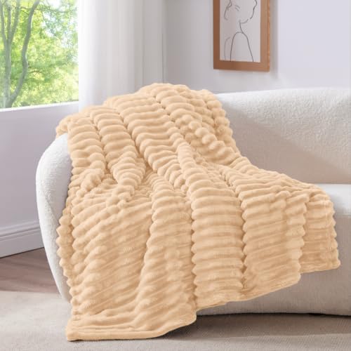 Ribbed Fleece Throw Blanket for Couch (Blush Sand / Throw(50"x60"))