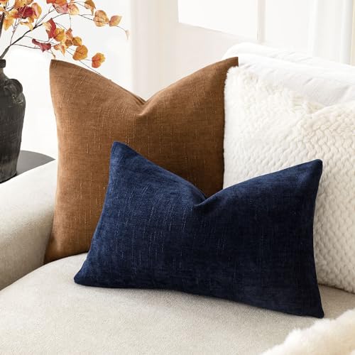 Textured Chenille Lumbar Throw Pillow Cover 12x20 Inch (20" x 12" (Pack of 2) / Midnight)