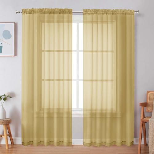 Gold Sheer Curtains 72 Inches Long 2 Panels for Living Room (Gold / 59"W x 72"L (Pack of 2))