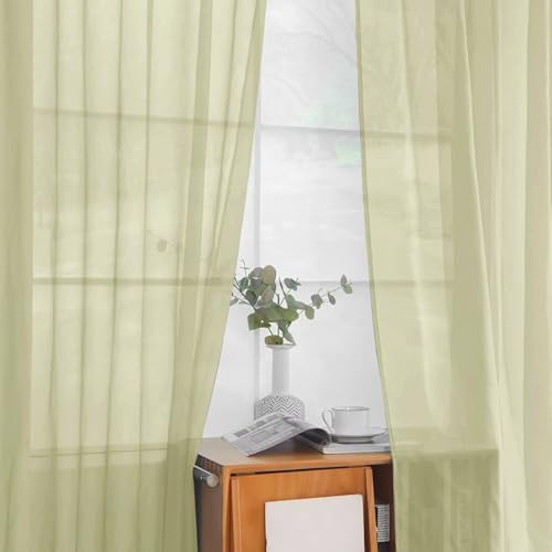 Solid Sheer Rod Pocket Curtain Voile Draperies 2 Panels White Beige Black Grey Ivory 52 Inch Width 54 Inch Long 1 Pair for Kitchen Bedroom Children Living Room Yard (Sage Green / 52"W x 54"L (Pack of 2))