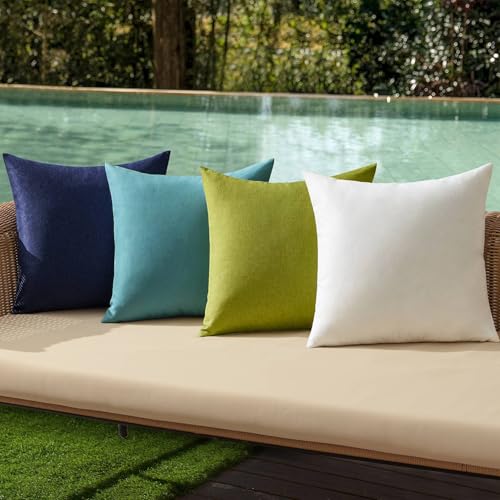 Pack of 4 Decorative Outdoor Throw Pillow Covers Linen Waterproof Pillow Covers Summer Farmhouse Cushion Cases for Patio Garden Tent Balcony Couch Sofa 16x16 Inch Blue Green (16" x 16" (Pack of 4) / Blue Green)