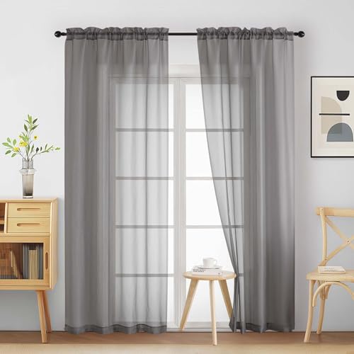 Grey Sheer Curtains 84 Inches Long 2 Panels (42"W x 84"L (Pack of 2) / Charcoal Grey)