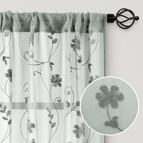Sage Green Sheer Curtains 84 Inches Long 2 Panels Embroidered Floral Pattern Semi Sheer Window Curtains for Bedroom Living Room (52"W x 84"L (Pack of 2) / Sage Green)