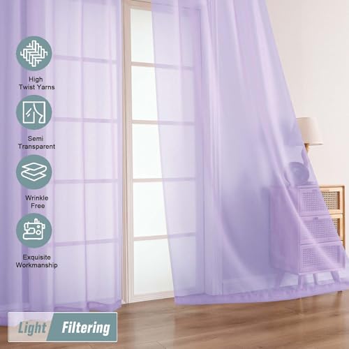 Sheer Curtains for Window 96 Inches Long 2 Panels (42"W x 96"L (Pack of 2) / Lavender)
