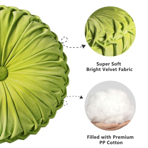 Set of 2 Apple Green Velvet Decorative Round Pleated Throw Pillows (Apple Green)