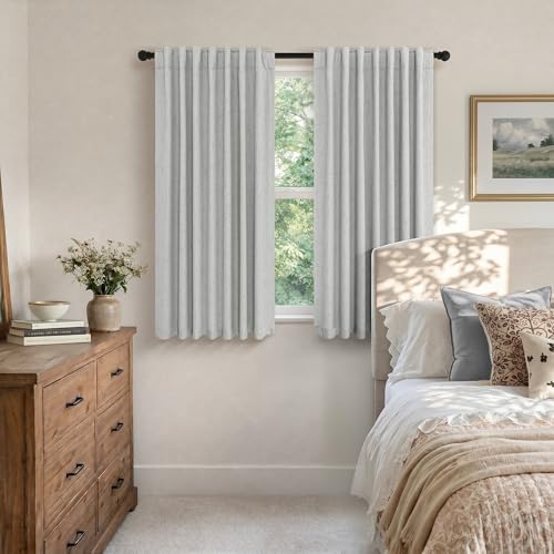 54 Inch Curtains 2 Panel Set 100% Blackout Linen Textured Room Darkening Thermal Insulating Curtain for Bedroom Winter Summer Heat Blocking Draft Kitchen Bathroom 54 Inches Long Light Grey Gray (Light Grey / 52"W x 54"L (Pack of 2))