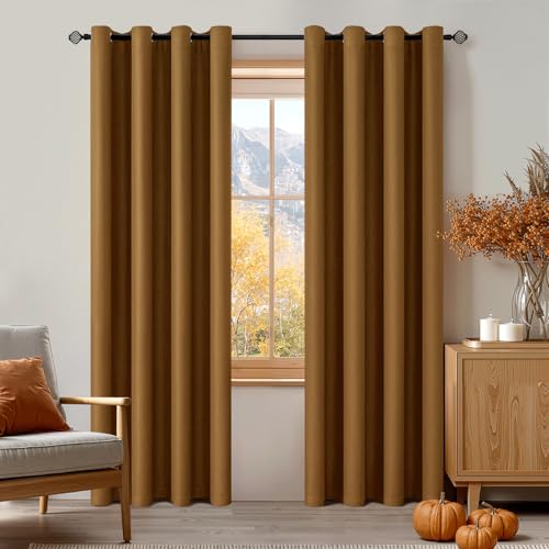 Golden Brown Blackout Bedroom Curtains Drapes 84 Inch Long 52"x84" (Golden Brown / 52"W x 84"L (Pack of 2))