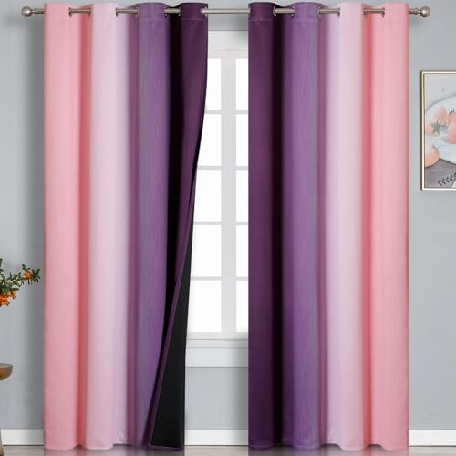 Pink and Purple Ombre Blackout Curtains for Girls Bedroom 90 Inches Long (Pink and Purple / 52"W x 90"L (Pack of 2))