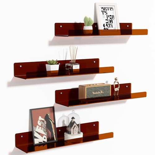 4 Pcs 15" Acrylic Shelves for Wall Decor and Display (Brown)