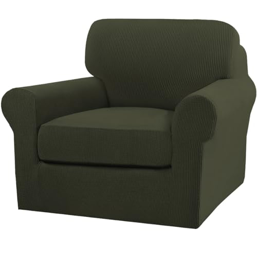 2 Piece Chair Covers Armchair Slipcovers for Living Room Armchair Sofa Cover with Individual Cushion Covers Feature Jacquard Fabric (Armchair (1 Cushion) / Olive)