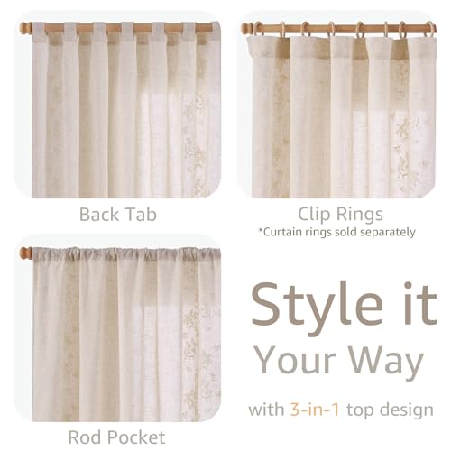 Floral Linen Curtains 84 Inch Farmhouse Back Tab 2 Panels (Vine | Ivory / 50"W x 84"L (Pack of 2))