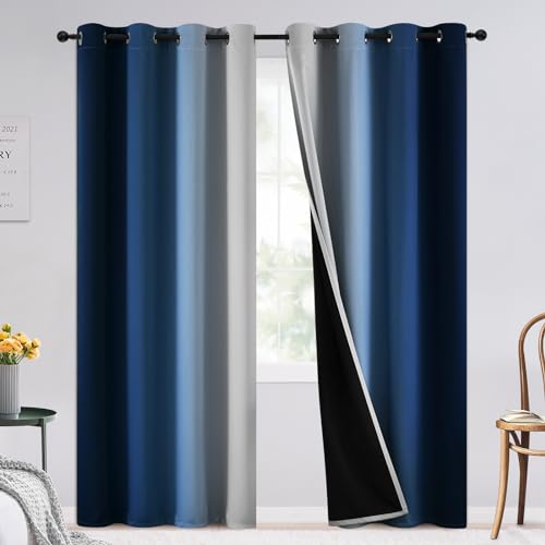 100% Blackout Ombre Bedroom Curtains Blue and Greyish White (52"W x 84"L (Pack of 2) / Blue With Black Back)