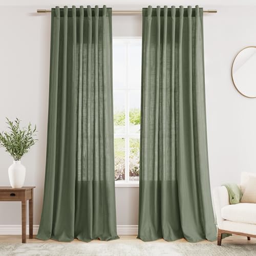 Olive Green Linen Curtains for Living Room 2 Panels Set 92 Inch Length Back Tab Light Filtering Semi Sheer Curtain Drapes for Bedroom 52x92 (52"W x 92"L (Pack of 2) / Loden)
