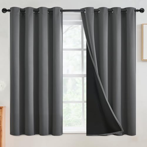 Grey 100% Blackout Curtains Room Darkening Living Room 54 Inch (Grey / 52"W x 54"L (Pack of 2))