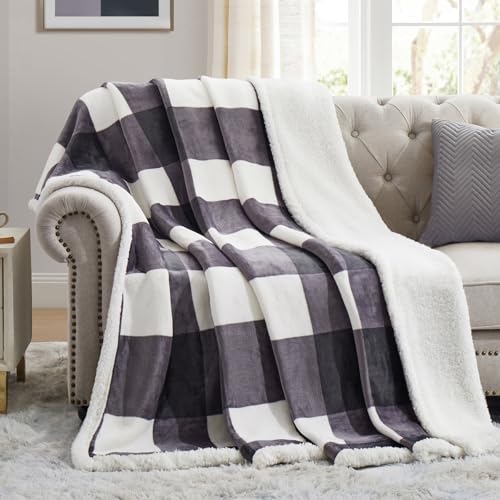 Sherpa Blanket Fleece Throw Blanket Twin Plaid Thick Bed Blanket (Dark Grey Checkered / 60"*80")