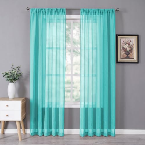 Sheer Curtains Bedroom Linen Textured Curtain Sheers Light Filtering Voile Rod Pocket Curtains for Living Room (38"W x 84"L (Pack of 2) / Aqua Blue)